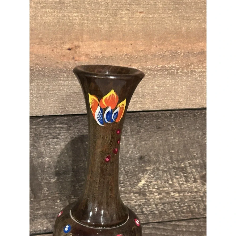 Vintage Handpainted Wood Floral Vase‎ - MCM Multicolor